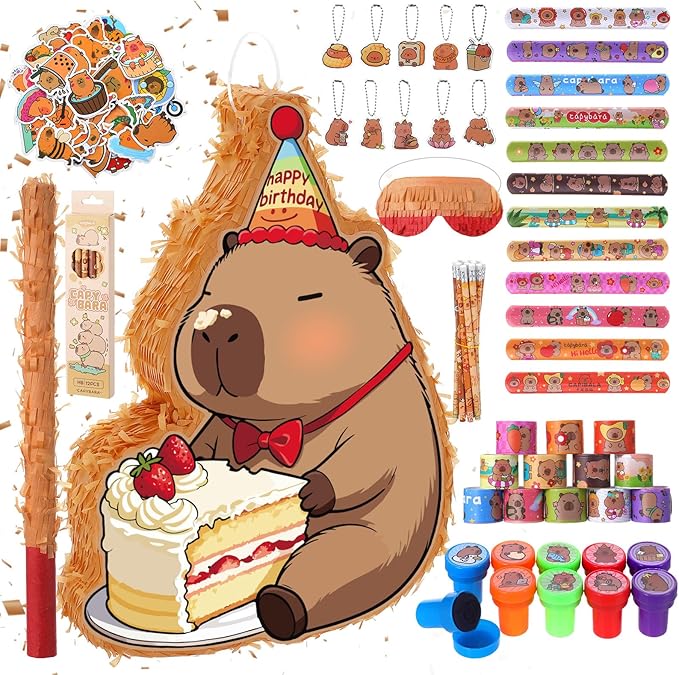 Capybara Piñata Party Set Animal Themed Birthday Party Supplies with Pencils Snap Bracelets Stamps Keychains Stickers for Birthday Baby Shower Party
