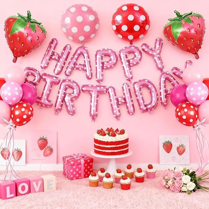 29PC Strawberry Happy Birthday Balloon Banner, 16Inch 3D Aluminum Letter Banner Sign, Red Hot Pastel Pink Printed Balloons 18 Inch Round Dot Foil Balloon for Fruit Strawberry Party Decoration