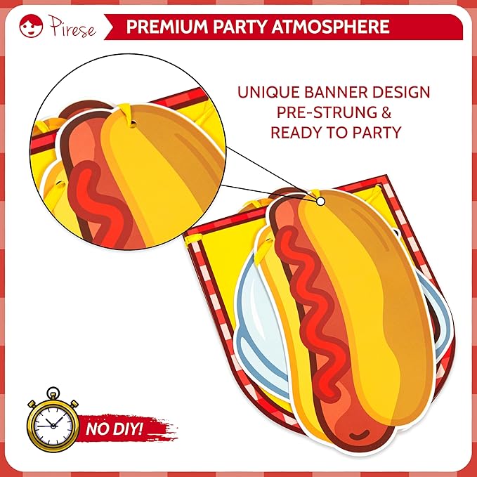 Pirese Hot Dog Birthday Decorations, Hot Dog Party Decorations with Pre-Strung Happy Birthday Banner, Hot Dog Balloons, Picnic BBQ Birthday Party Supplies, Hot Dog Birthday Party Decorations