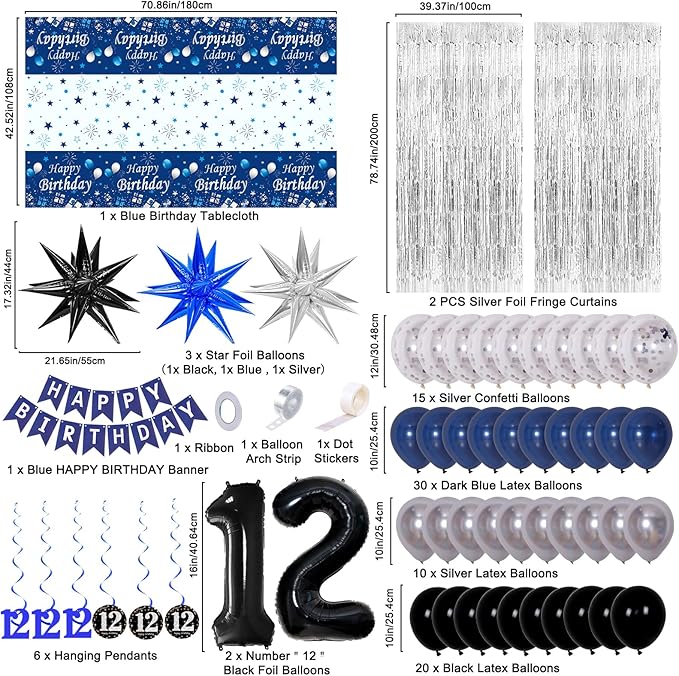 12th Birthday Decorations for Boys and Girls Dark Blue, 12 Year Old Party Supplies with HAPPY BIRTHDAY Banner 12 Balloon Number Tablecloth Foil Star Balloons Garland Arch Kit
