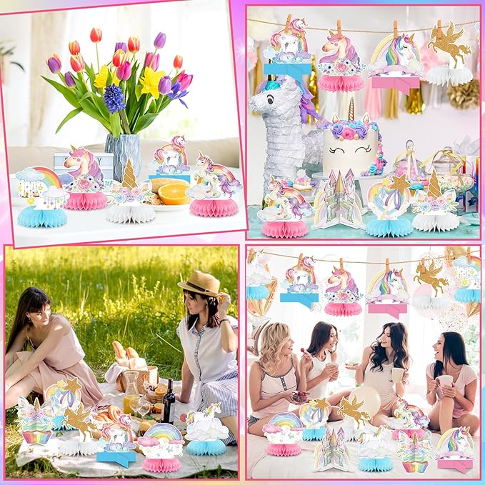 Pickmesh 12 Pcs Unicorn Birthday Party Decorations Unicorn Honeycomb Centerpieces 3D Pastel Double Sided Rainbow Cloud Cupcake Castle Table Decoration Table Topper for Princess Birthday Party Supplies