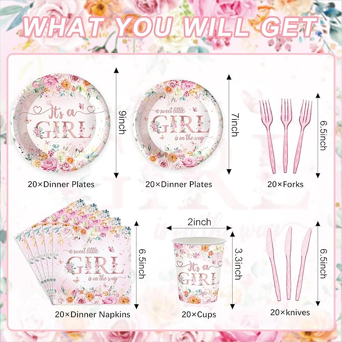 120Pcs Floral Baby Shower Decorations Pink Floral Baby Shower Party Supplies Baby Shower Plates and Cups and Napkins Sets Serve 20