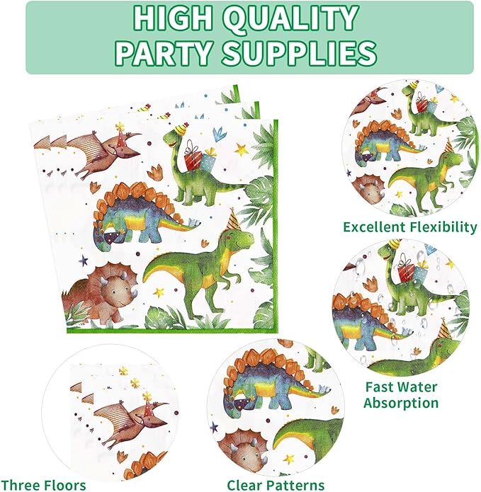 96Pcs Dinosaur 1st Birthday Decorations Cartoon Dinosaurs Plates and Napkins Tableware Sets Watercolor Dinosaur Party Decorations for One Year Old Boys Birthday Baby Shower Supplies Serves 24