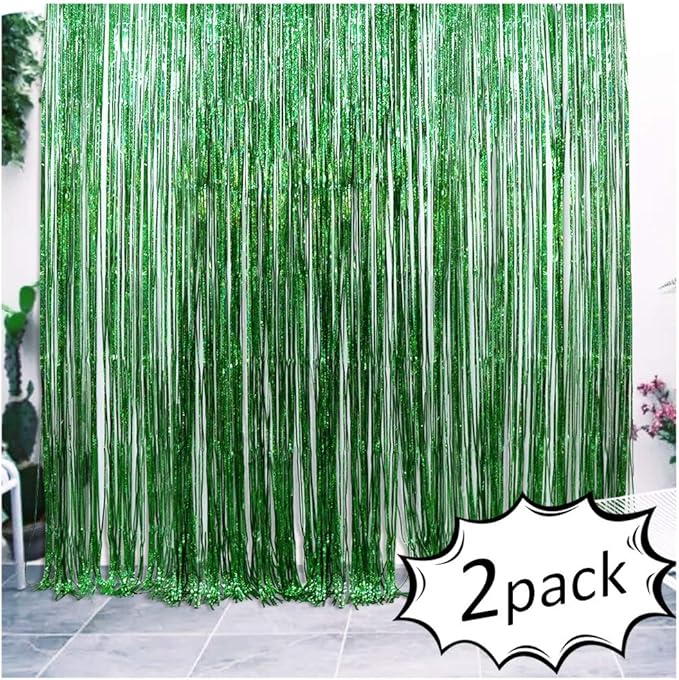 Iridescent Foil Fringe Curtains Rainforest Jungle Theme Party Supplies Birthday Wedding Party Window Door Decorations Fun Photo Booth Backdrop Props(2 Packs, (W) 3.28*(H) 6.56 Ft, Green)