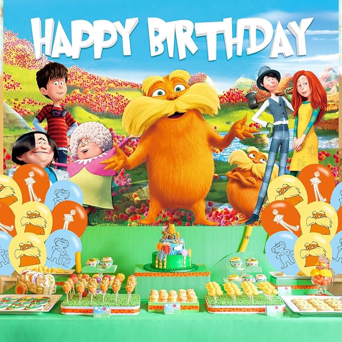 Cartoon Loraxs Birthday Party Decoration,Cartoon Party Photo Background 5 x 3 FT and 18 Pcs Balloon,Merch Party Backdrop Supplies