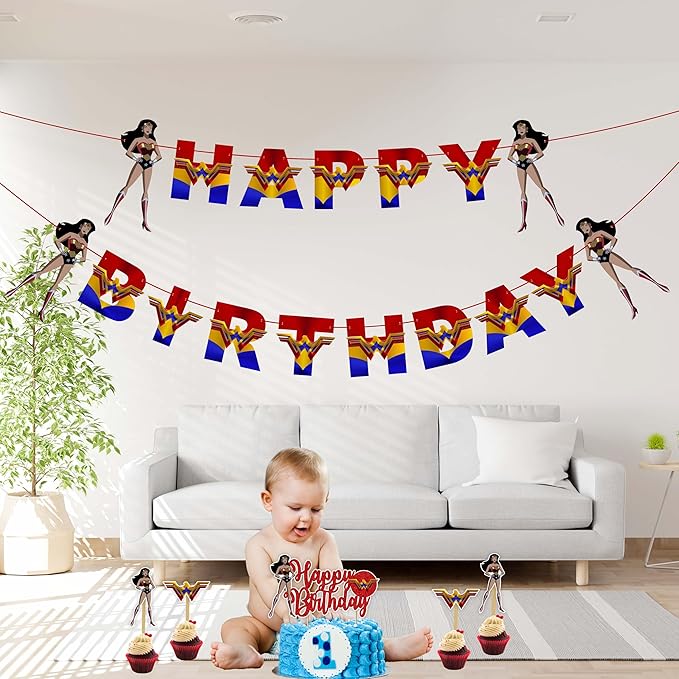 "Wondr Woman Theme Birthday Party Supplies – Superhero Girl Party Decorations for Adults – Wondr Woman Birthday Banner, Cake Topper, Cupcake Toppers & Party Décor for Superhero Celebrations"