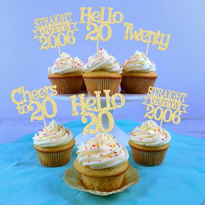 Ephlyn 24Pcs Happy 20th Birthday Cupcake Toppers Glitter Straight Outta 2006 Cupcake Picks Hello 20 Cheers to 20 Years Cake Decorations for 20th Birthday Anniversary Party Decorations Supplies Gold