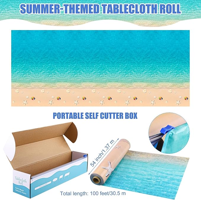 Kochorie Summer Beach Tablecloth Roll with Cutter Box 100 Ft X 54 Inch Beach Themed Party Tablecover Disposable Beach Ball Plastic Tablecloth Ocean Backdrop for Summer Beach Pool Birthday Party Supply