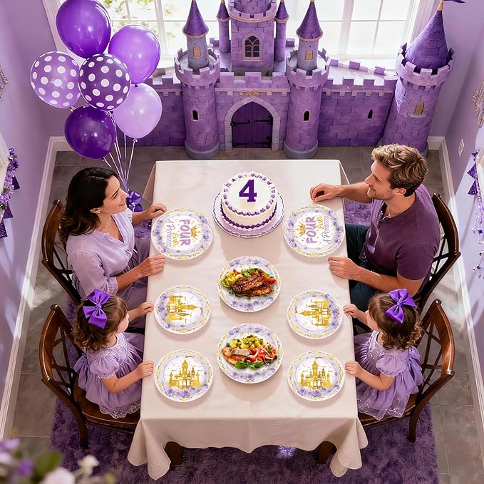 96 Pcs Princess Birthday Party Supplies Purple Four Ever a Princess Plates and Napkins Disposable Purple Castle 4th Tableware Set for Girls 4 Year Old Happy Birthday Party Decorations Serves 24