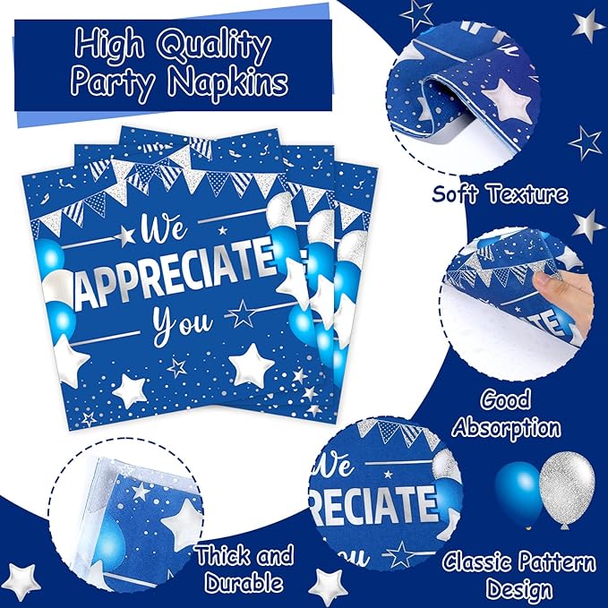 96pcs Blue Silver We Appreciate You Plates and Napkins Set for Thanksgiving Party Decorations Thank You Dinnerware Tableware for 24 Guests Employee Teacher Graduate Pastor Appreciation Party Supplies