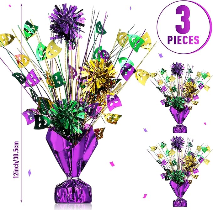Capoda 3 Pcs Mardi Gras Table Centerpieces Metallic Plastic Carnival Decoration Centerpiece Glitter Foil Masquerade Party Table Decor for Carnival Festival Home Table Party Supplies Decor