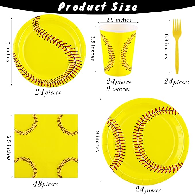 durony 144 Pieces Softball Paper Plates and Napkins Dinnerware Set Softball Birthday Party Tableware Supplies Includes Paper Plates Napkins Forks Serve 24 for Sports Party Supplies