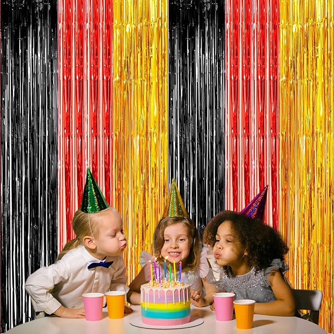 2 Pack Construction Foil Fringe Curtains, 3.3x6.6 Ft Black Gold and Red Tinsel Backdrop Party Decorations Door Streamers for Birthday Thanksgiving Day Engagement Decor,Photo Booth Props