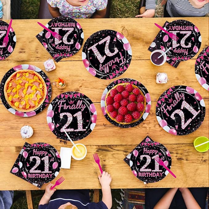 96Pcs 21st Birthday Party Supplies Black and Hot Pink Plates Forks and Napkins Diamond Finally 21 Disposable Paper Tableware Set for Girls 21 Year Old Birthday Party Supplies Serves 24