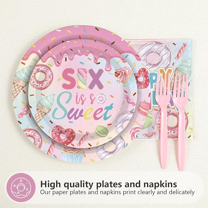 96 Pcs Sweet Sassy and 6 Birthday Decorations Donut 6th Birthday Party Decorations for Girls Colorful Donut Plates and Napkins 6 Years Old Disposable Party Supplies Serves 24