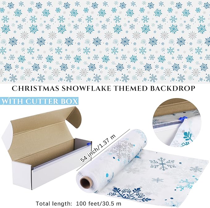 Kochorie 100 Ft x 54 Inch Christmas Snowflake Printed Tablecloth Roll with Cutter Box Disposable Blue and White Winter Snowflake Backdrop Cut to Size Table Cover for Frozen Birthday Party Supplies