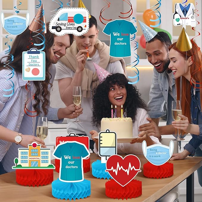 36 Pcs Doctor's Day Appreciation Decoration Thank You Doctor Table Honeycomb Centerpieces Appreciate Hanging Swirls Banner for National Doctors' Day Medical Students Party Supplies