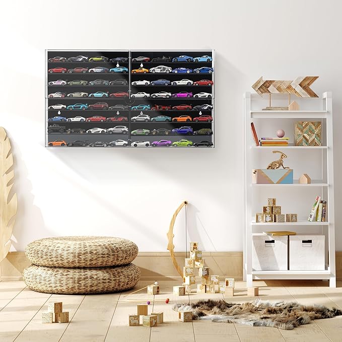 1/64 Scale Model Cars Display Case Wall-Mounted Diecast Toy Car Display Case Storage, Cabinet Lockable for 64 Mini Toys and Hot Wheels（Black, 27.5 X 15.7 X 1.8 inches）