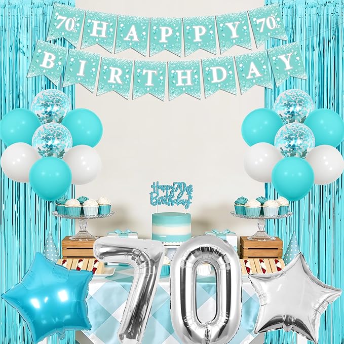 Funmemoir Teal 70th Birthday Decorations for Women, Happy 70th Birthday Party Banner Sash Tiara Balloons Foil Fringe Backdrop and Cake Topper, Teal Blue Theme 70 Years Old Party Supplies