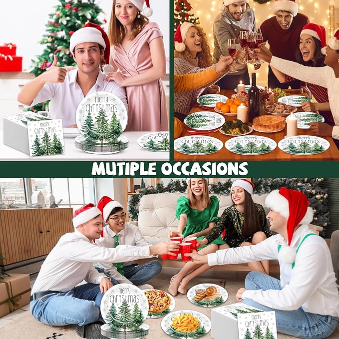 50Pcs Christmas Tree Paper Plates and Napkins Merry Christmas Watercolor Green Cedar Snowflake Party Tableware Set Xmas Pine Trees Disposable Dinnerware for Winter Xmas Holiday Party Decor Supplies