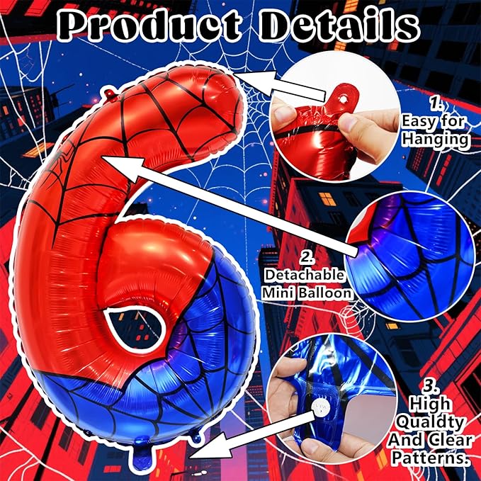 Spider Web Number 6 Balloon Birthday Decoration, Superhero Themed 40in Giant Mylar Number Party Supplies