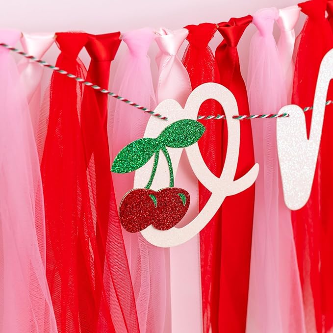 Cherry One High Chair Banner - Cherry Themed First Birthday Party Banner Garland, Sweet Girl Birthday Party Decoration Supplies Garland, Anniversary Photo Shoot Background Props Banner