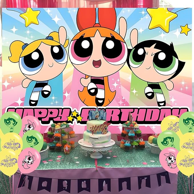 Power Girls Birthday Party Decoration,Power Girls Party Photo Background 5 x 3 FT and 18 Pcs Balloon,Merch Party Backdrop Supplies