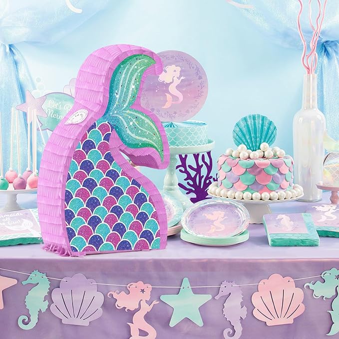Hooqict Mermaid Tail Pinata with Pinata Stick & Blindfold for Girls Mermaid Party Games Decorations Under the Sea Ocean Themed Birthday Party Supplies