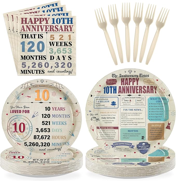 96Pcs 10th Anniversary Party Decorations Retro 10 Years Wedding Aday Plates and Napkins Happy 10th Anniversary Disposable Tableware Set for Vintage 10 Year Wedding Party Supplies Serves 24