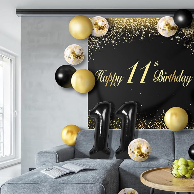 Happy 11th Birthday Balloons Black Set Decor - Cheers to 11 Years Old Party Theme Garland Banner Backdrop Decorations For Boy and Girl Supplies