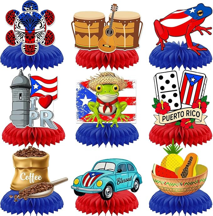 Puerto Rico Party Decorations: 9PCS Puerto Rico Honeycomb Centerpieces for Tables Puerto Rican Rapper Theme Party Decorations Puerto Rican Table Decor for Birthday Patriotic Festival Party Supplies