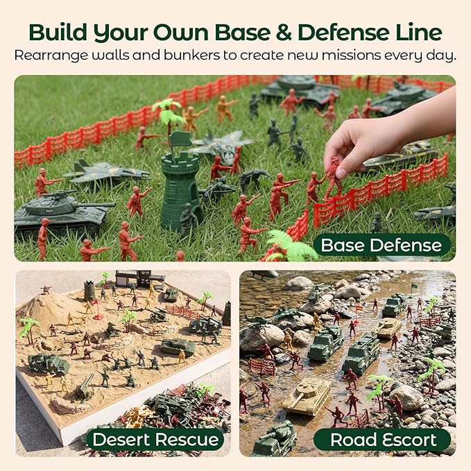 3 otters 307 Piece Army Men Military Set, Military Battle Toy Set Play Figure Playsets for Kids Boys, Plastic Soldiers with Vehicles & Accessories, for Grandkids, with Storage Container