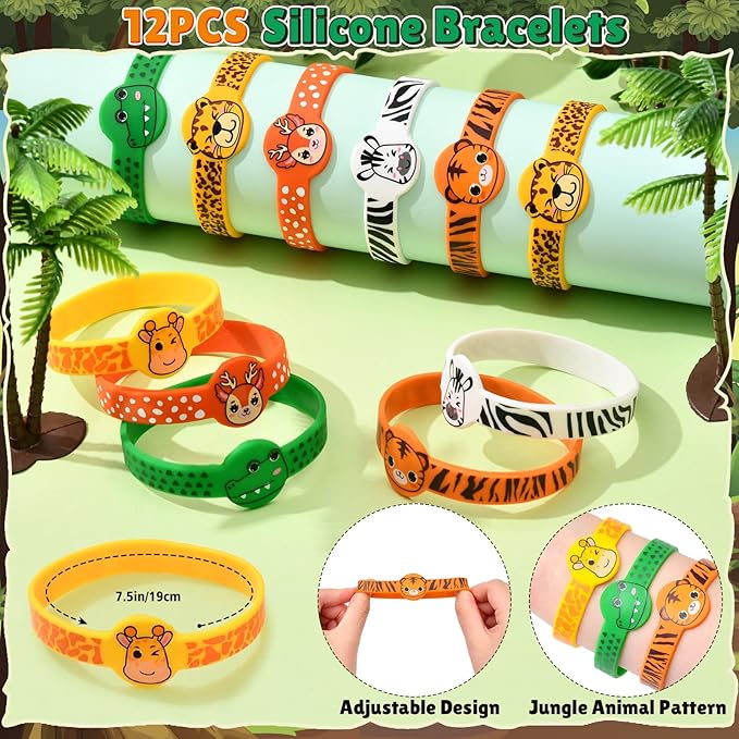 Winrayk 12 Sets Jungle Safari Party Favors Wild Animals Birthday Supplies, Tote Bag Paper Glasses Animal Figure Silicone Wristband Keychain, Goodie Bag Stuffers Kids Girl Boy Safari Jungle Party Decor