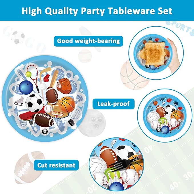 96 Pcs Sports Themed Birthday Party Supplies - Sports Party Decorations, Plates, Napkins