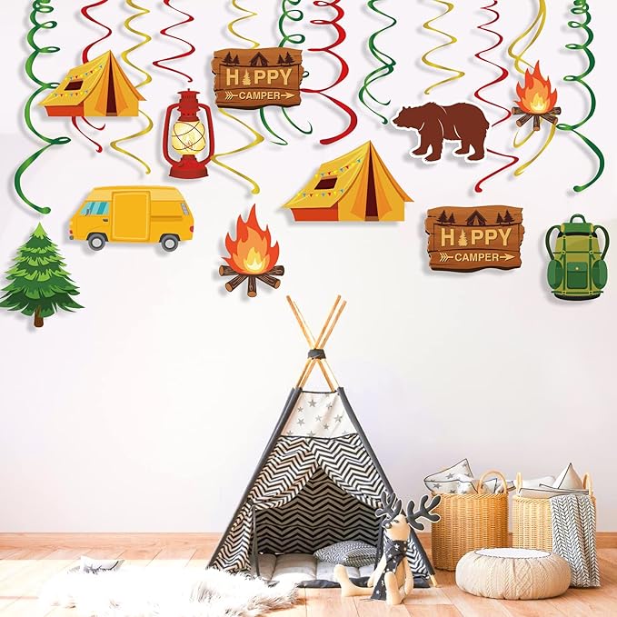 30 Pieces Camping Birthday Party Hanging Decorations, Happer Camper Hanging Swirls Decorations Foil Ceiling Streams Camping Theme Adventure Woodland Wile One Baby Shower Retirement Party Supplies