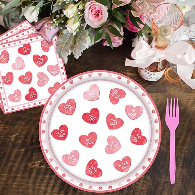 96 Pieces Valentine’s Day Tableware Set – Red and Pink Heart Message Disposable Plates, Napkins, Forks For Valentine’s Parties, Weddings, Anniversaries, Romantic Dinners – Serves 24 Guests