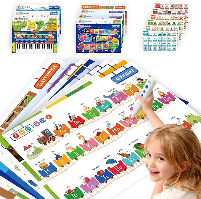 TEKFUN Interactive ABCs & 123s Learning Posters with Talking Pen, Autism Sensory Educational Toys, Toddler Birthday Gifts for Kids Ages 1 2 3 4 5 6