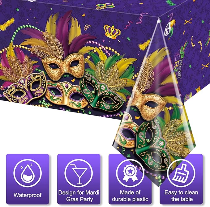 3 Pack Mardi Gras Tablecloths, Masquerade Dancing Table Decorations, Plastic Purple Table Cover Backdrop for Mardi Gras Carnival Party Supplies and Decors, 54 x 108 Inch