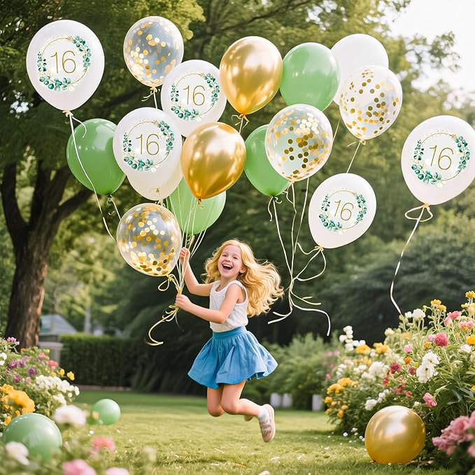 Sage Green Balloons, 14pcs 12inch Sage Green White Metallic Gold Confetti Balloons with Number 18 Printed for Boys Girls Boho 18th Birthday Wedding Bridal Baby Shower Party Decorations