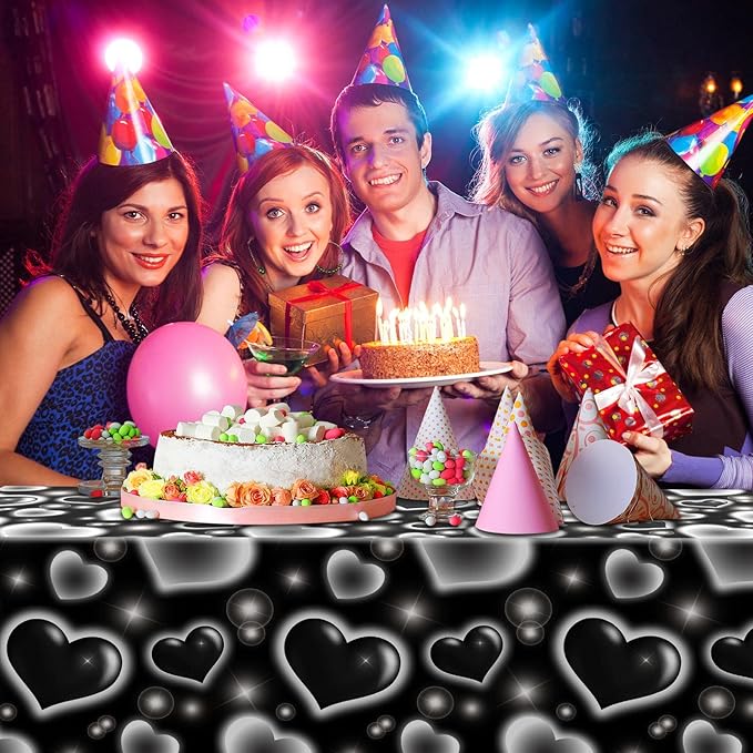 Tudomro 3 Pack 2000s Tablecloth Decoration 54 x 108 Inches Cholo Party Table Cover Y2k Party Decoration Heart Disposable Kpop Table Cloth for Birthday Supplies(Black)