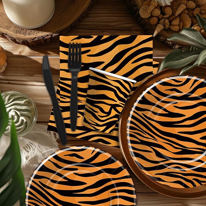 Tiger Print Birthday Plates And Napkins Party Supplies, Safari Jungle Animal Tiger Texture Print Party Decorations Tableware, Plate, Cup, Napkin, Fork | Serves 24
