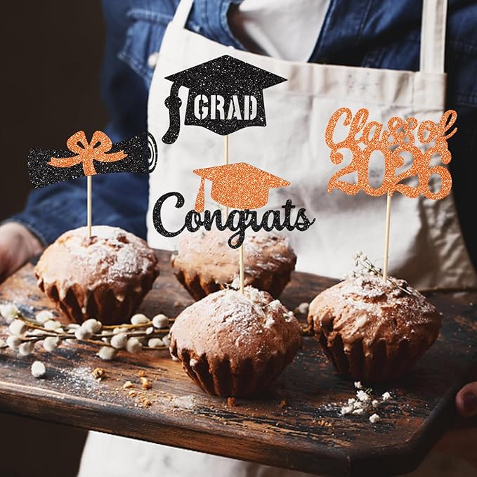 Black and Orange Graduation Cupcake Toppers Decorations Class of 2026 Cupcake Topper Graduation Cup Cake Picks Congrats Grad Party Decor Supplies Set of 24
