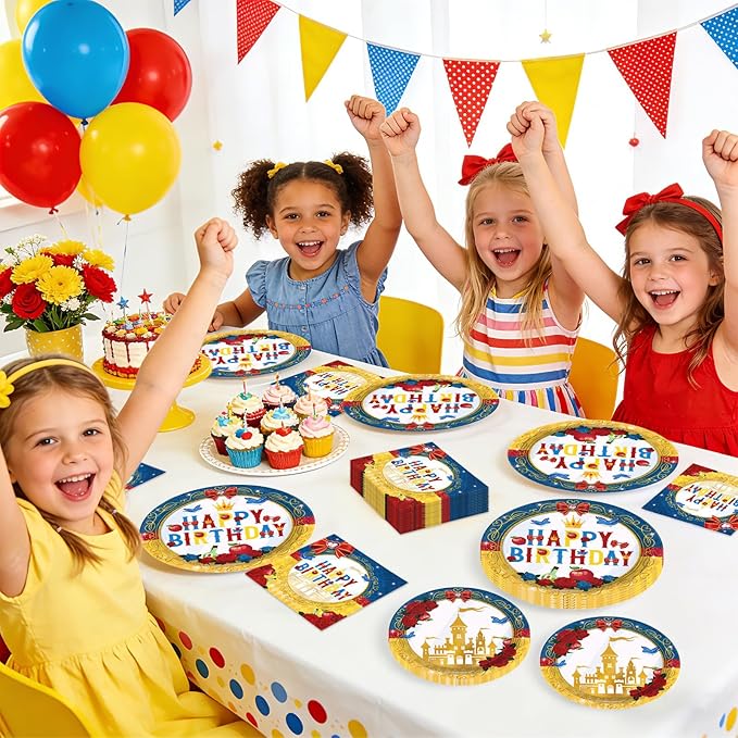 96 Pcs Snow Princess Birthday Party Supplies Cartoon Snow Plates and Napkins Gold Castle Tableware Set for Girls Birthday Baby Shower Princess Theme Party Supplies, Serves 24