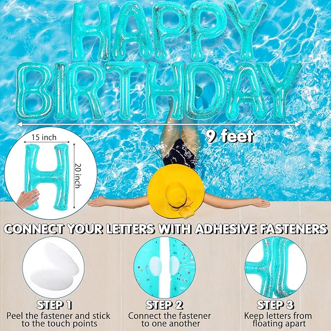 Shappy 20'' Happy Birthday Pool Large Floating Letter Balloons with Adhesive Dots Inflatable Pool Decorations for Summer Birthday Party