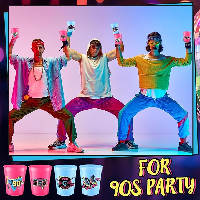 24 Pcs 90s Theme Cups 16 oz Reusable Thick Retro Disco Party Plastic Drinking Cup Rose Red and Blue Retro Music Throwback Dance Party Decorations Birthday Supplies