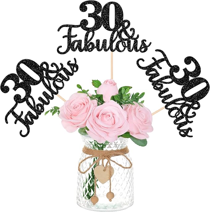 12 PCS 30 and Fabulous Centerpiece Sticks Double Sided Happy 30th Birthday Table Flower Centerpieces Sticks Cheers to 30 Floral Decorations for 30th Birthday Anniversary Party Supplies Black
