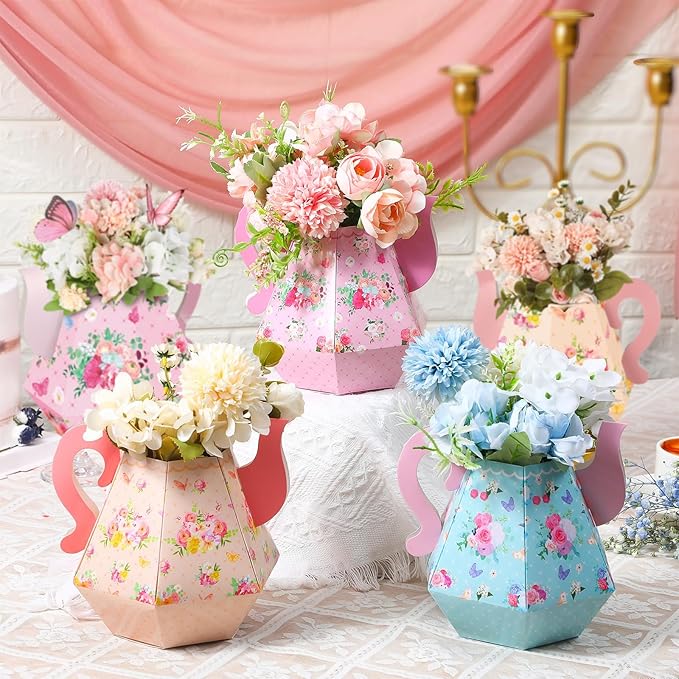 Fulmoon 6 Pcs Tea Party Decorations 6.7'' Flower Box Table Paper Teapot Princess Centerpiece Vase Table Decor Wonderland Fancy Party Decor for Floral Tea Birthday Baby Shower Wedding (Cute)