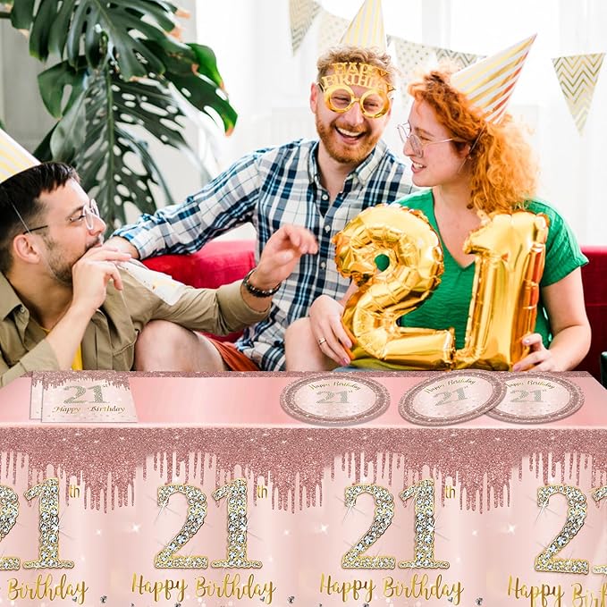 21st Birthday Decorations for Her,41Pcs Awesome Since 2005 Birthday Tableware Kit Party Supplies-Rose Gold 21 Years Old Disposable Paper Plates and Napkins,Tablecloth Set For Sweet Girls Women Party