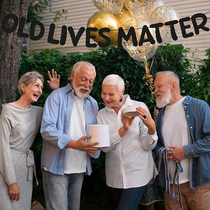 Pre Strung Old Lives Matter Banner 9.84 ft Funny Birthday Glitter Black Banner for Men Women Retirement Party Decorations 80th 70th 60th 50th 40th Retirement Party Garland Bunting Decorations