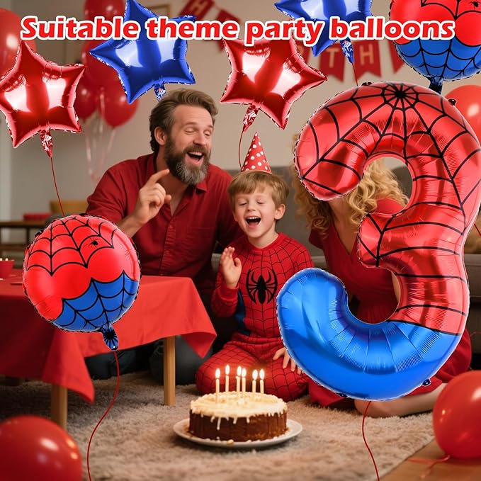 40 Inch Spider Theme Number Balloon, Number Block Foil Number 3 Balloons Large Big Numbers Helium Balloon for Girls Boys 3th Birthday Theme Party Decorations (Number 3)